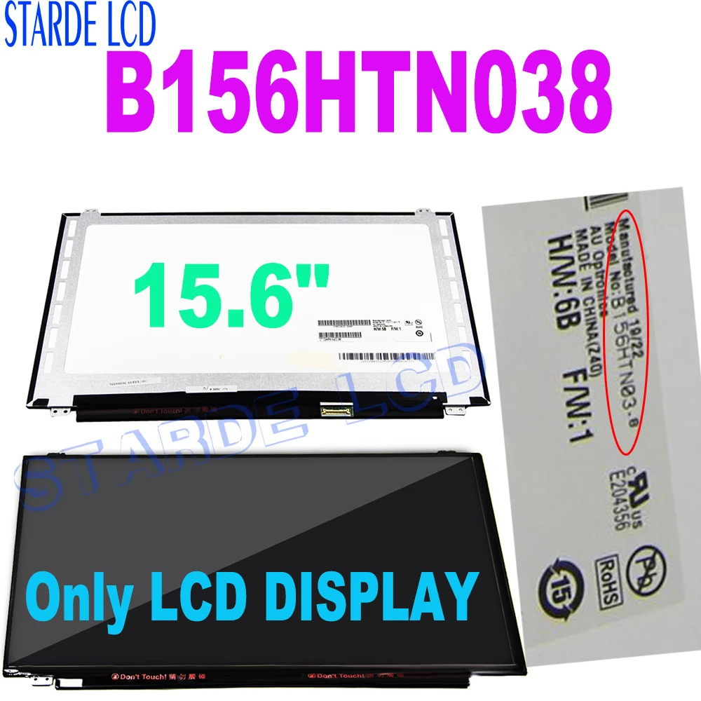 

B156HTN03.8 B156HTN038 LED Screen Matrix for Laptop 15.6" 30Pin eDP Matte 1920X1080 FHD LCD Display Panel Monitor Replacement