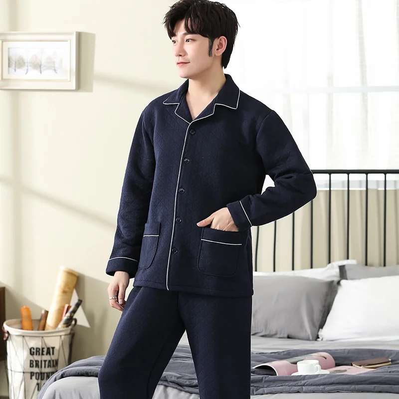 Winter Keep Warm Thin Quilted Pajama Sets for Men Long Sleeve Air Cotton Interlayer Sleepwear Loungewear Homewear Home Clothes