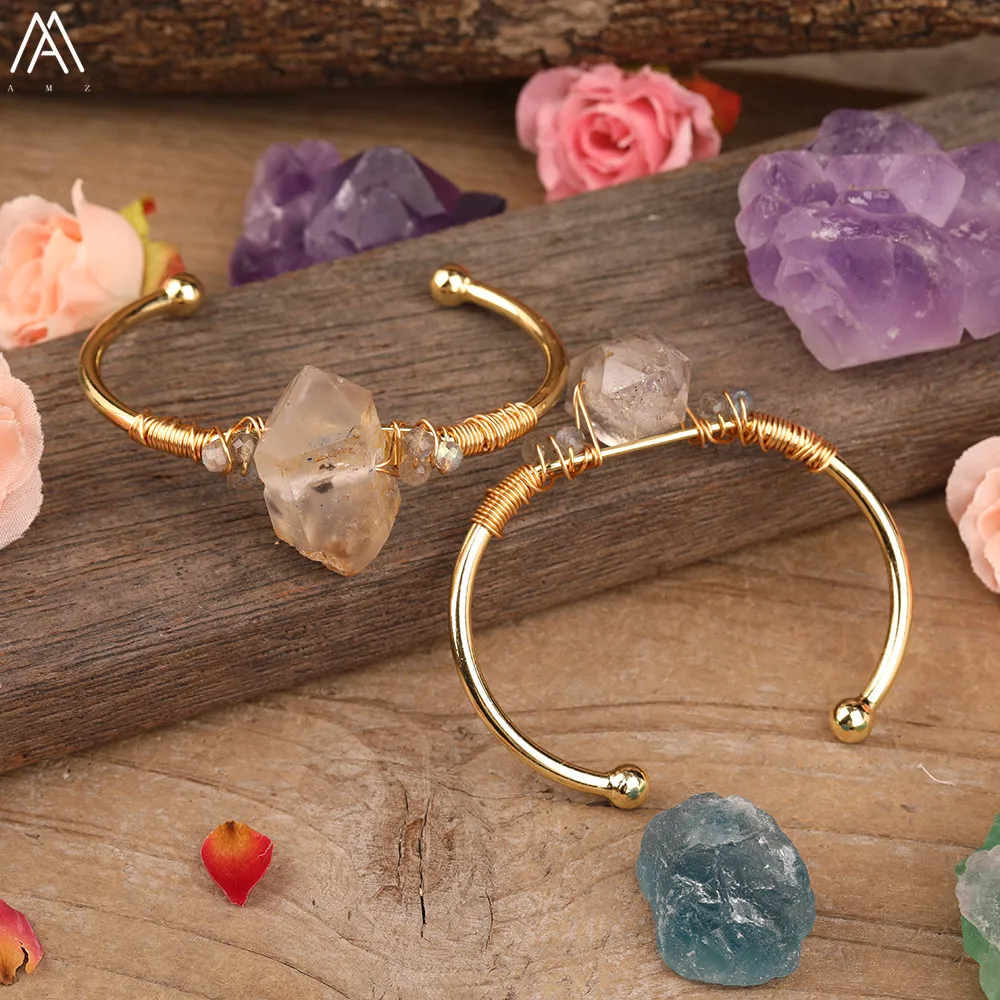 Natural Herkimer Diamonds Quartz Stick Point Cuff Bangle Bracelets Women Quartz Crystal Bead Adustable Bracelet Jewelry Dropship