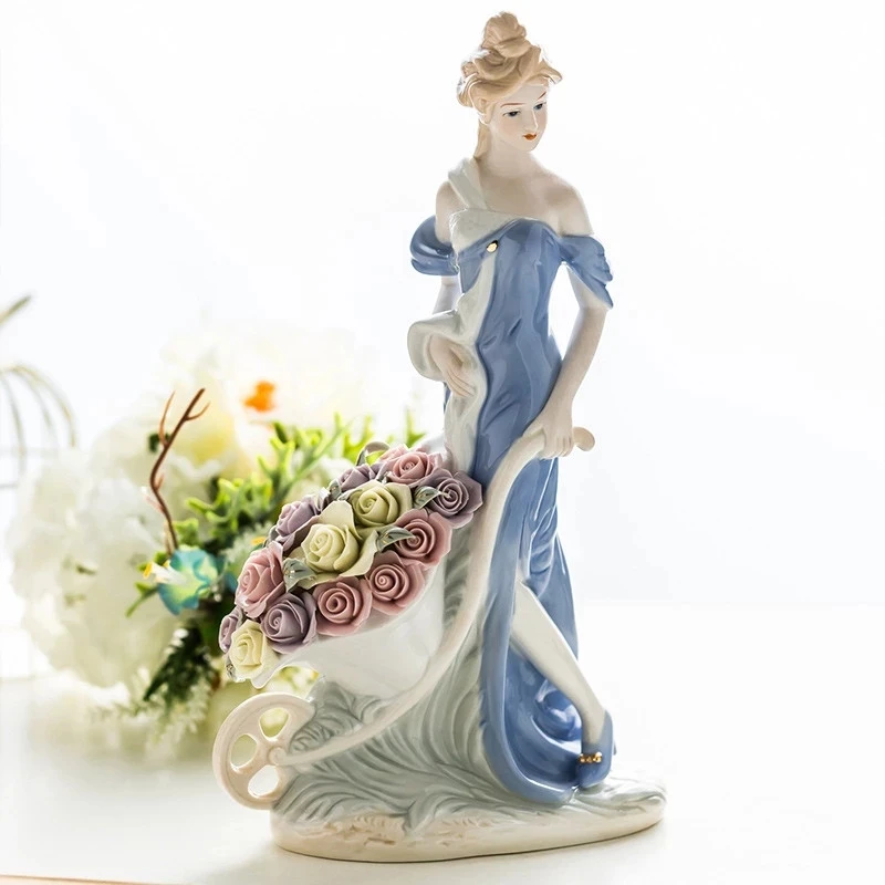 

BIG 35CM EUROPEAN CERAMICS ROSE LADY ART SCULPTURE RETRO PORCELAIN GIRL FIGURE FIGURINE CHARACTER STATUE CRAFT HOME ORNAMENT