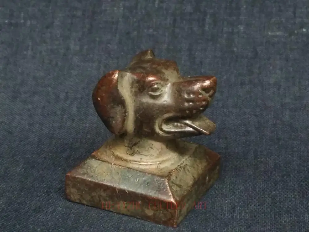 YIZHU CULTUER ART Collection China Bronze Carving Chinese Zodiac Dog Head Seal Statue Old Family Decoration