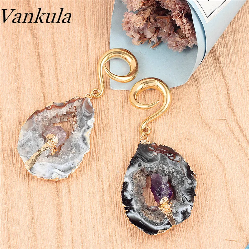 Vankula Natural Stone Ear Plugs Tunnel Stainless Steel Ear Hook Piercing Ear Weight Hangers Pair Selling