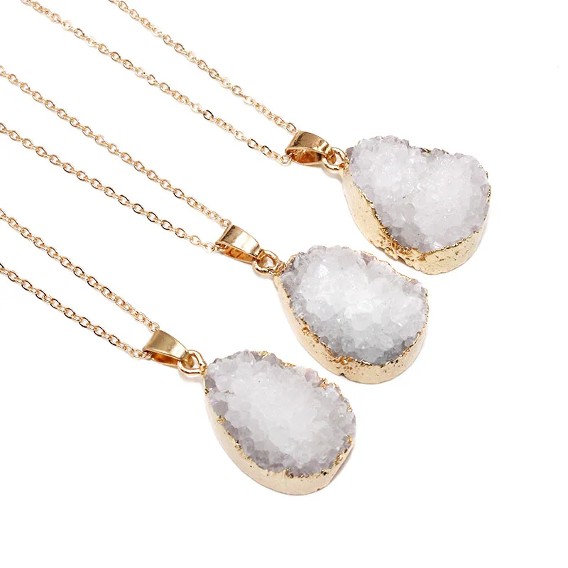 White Quartz Raw Stone Chakra Pendant Necklace Healing Crystal for Women with Gold Edge