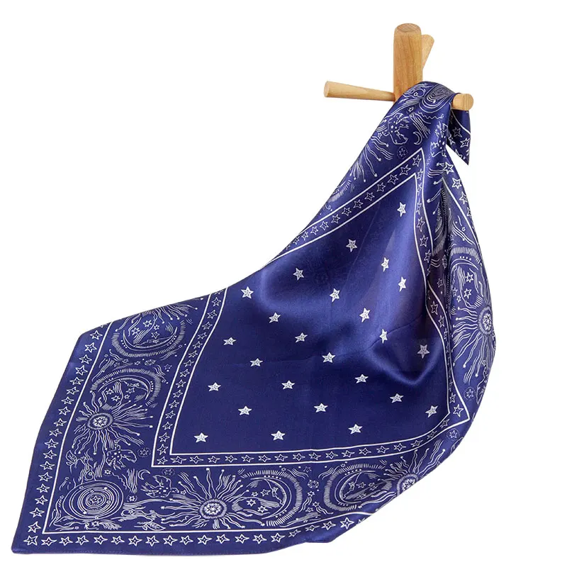 100% Pure Silk Scarf Women Bandana Female Hair Scarf Handkerchief Women\'s Natural Silk Square Headband for Women Moon and Star