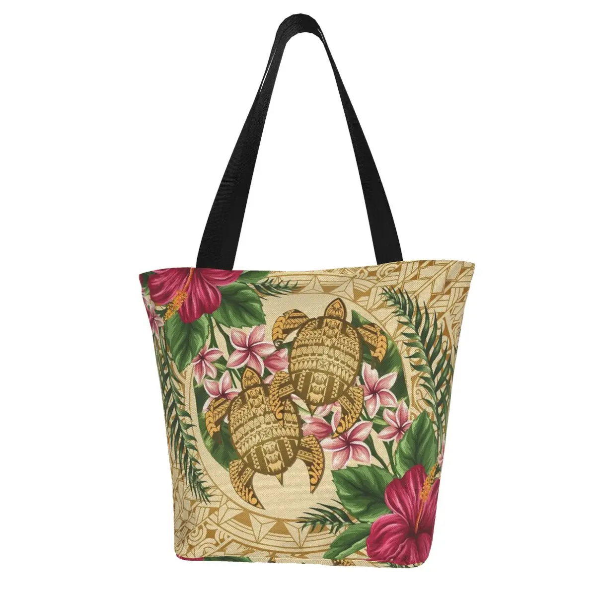 

Women Funny Turtle Shopping Bag Canvas Shoulder Shopper Bag Plumeria With Polynesian Prints Female Eco Large-Capacity Handbag