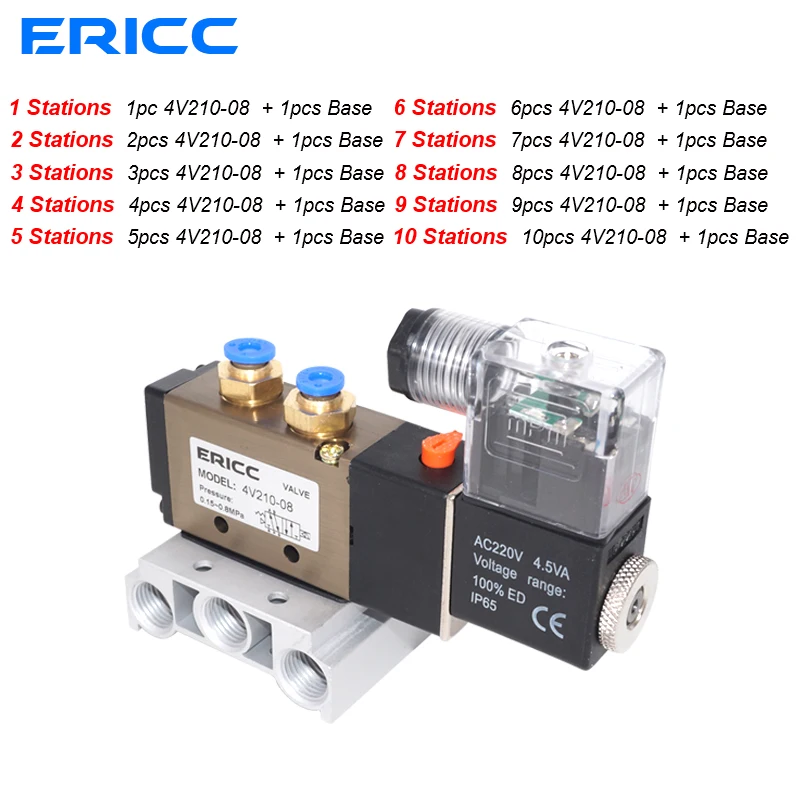 

4V210-08 DC24V 12V AC220V AC110V 2 Positions 5 Way Quadruple Solenoid Valve Aluminum Base Fitting Mufflers Set 3 4 5 6 Stations