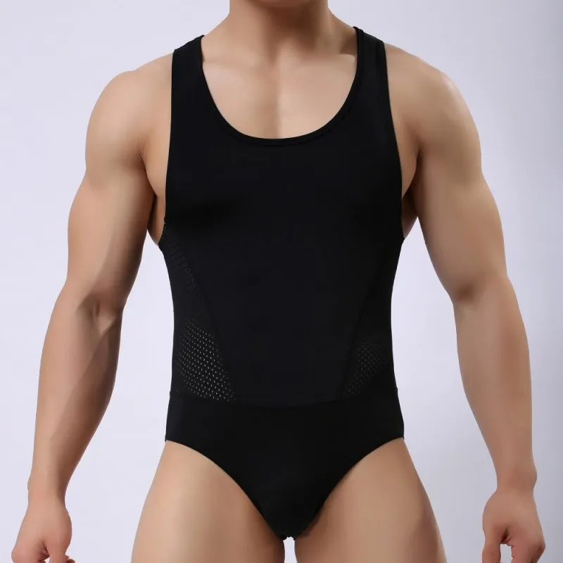 Sexy Mens Undershirts Ice Silk Mesh Jumpsuits Wrestling Singlets Leotard Underwear Gym Sports Fitness Bodybuilding Bodysuits