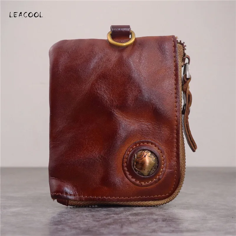 Vintage Genuine Leather Zipper Men Wallet Handmade Men's Short Purse Women Money Bag Coin Purse With ID Card Holder