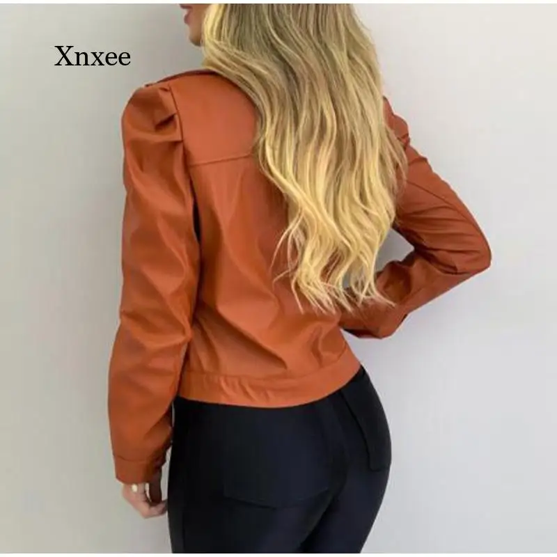 Women's Jacket Autumn Pu Leather Pleated Women's Short Jacket Long-Sleeved Lapel Single-Breasted Women's Jacket Pure Color Casua