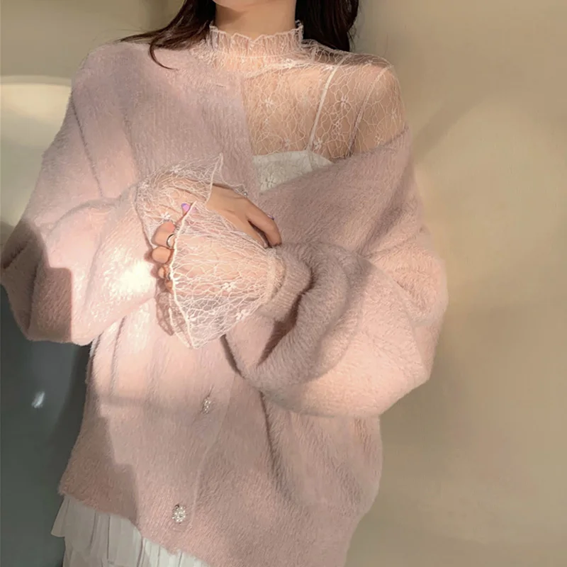 Perspective Hollow Sweet Lace Top 2024 Spring Autumn Women Sexy Turtleneck T-shirt Long Sleeve Transparent Mesh Tops Female