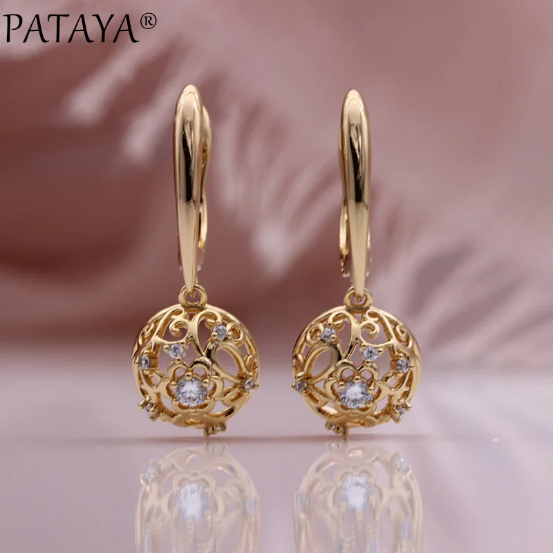 PATAYA New Hemispherical Hollow Long Drop Earrings Women Pattern Fashion Jewelry 585 Rose Gold Color Natural Zircon Earrings