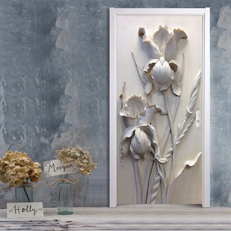 Self-Adhesive Door Sticker European Style 3D Relief Butterfly Orchid Flower Mural Living Room Art Decor Door Poster PVC Stickers