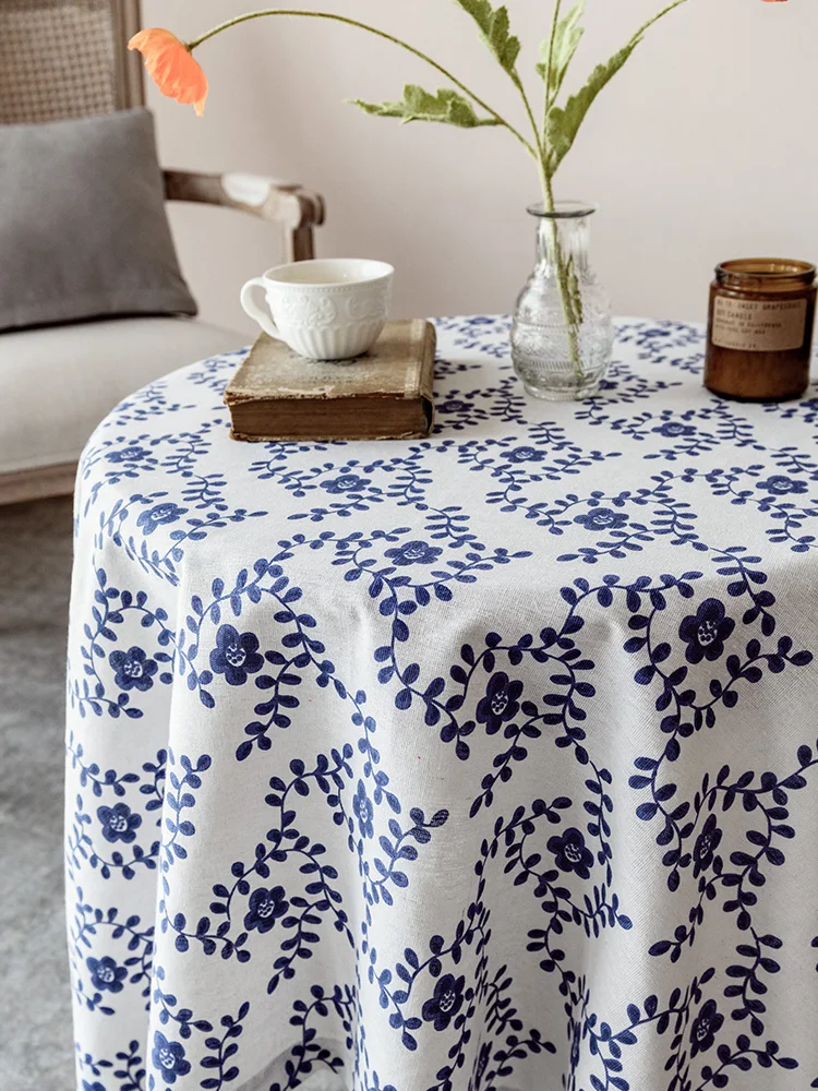 Small Flower Pattern Flax Tablecloth Blue and White Porcelain Print Cover Coffee Dinner Table Cloth for Wedding Banquet