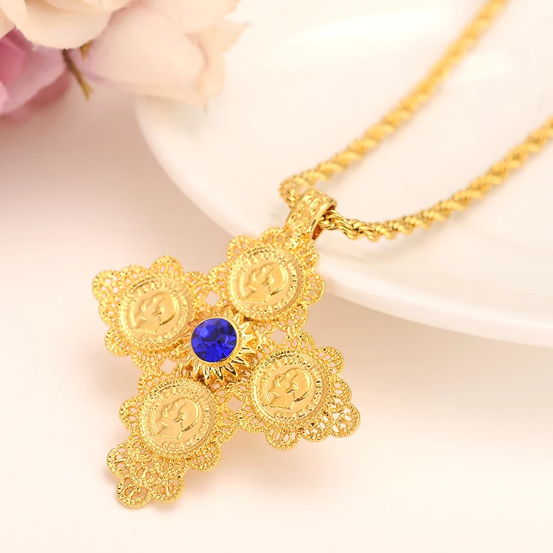 Ethiopia small Coin cz stone crystal Pendant Necklaces Women Gold Color Jewelry Africa Crosses Ethiopian Cross Eritrea