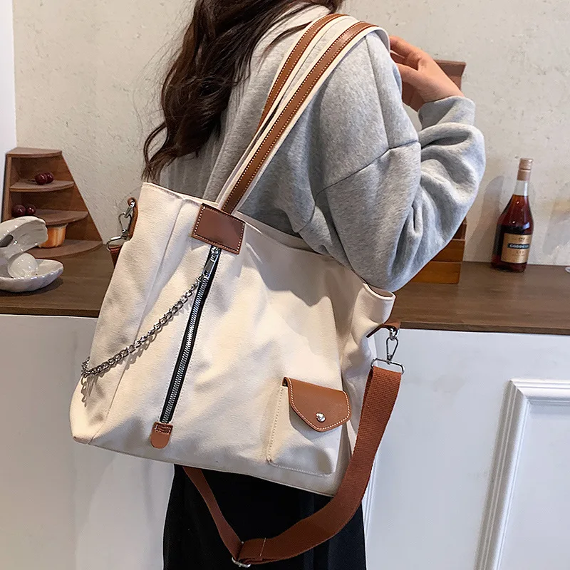 

Patchwork Designer women big totes Casual Canvas Chain ladies Handbag large Capacity Shopper bag Wide Strap female Shoulder Bag