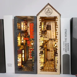 DIY Book Nook Diagon Alley Castle Building Wooden Bookend Bookshelf Insert Bookcase Decor With Roof Kit Dollhouse Toy Gift