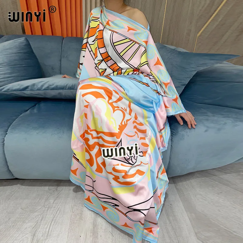 

WINYI 2020 Long Length Dress Women Silk Print Vacation Bohemian Batwing slash Collar Over Size Elegant New Fashion Tide