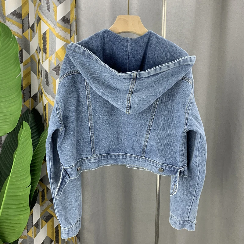 Jeans Jacket Women Korean Casual Fashion Hooded Denim Jackets Short Coat Pocket Drawstring Loose Jeans Coat Female Spring Autumn