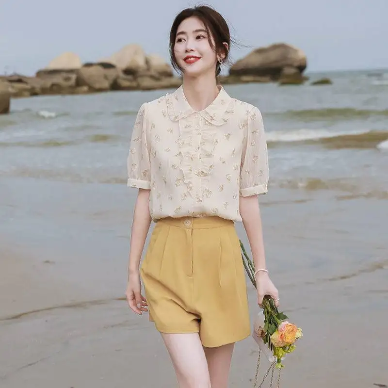 Summer Thin Wood Ears Doll Collar Chiffon Shirt Short-sleeved Floral Blouse Women