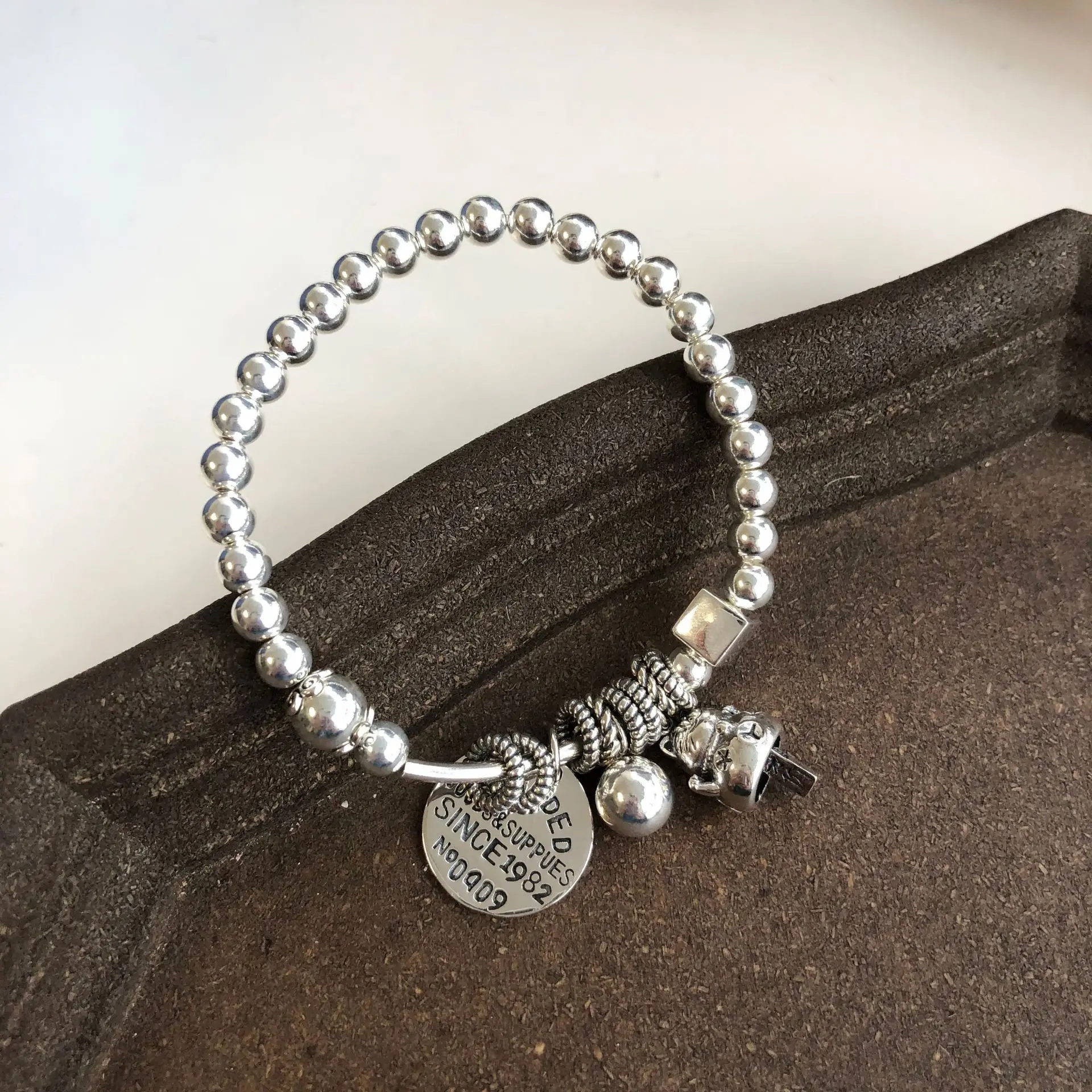 925 sterling silver lucky cat round bracelet hand-made elastic rope silver bead bracelet Joker heavy industry jewelry