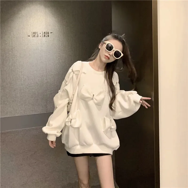 Three-dimensional Bow Knot Sweatshirt Kawaii Clothes Casual Solid Loose Long Sleeve Pullover Korean Fashion O-neck Oversized Top