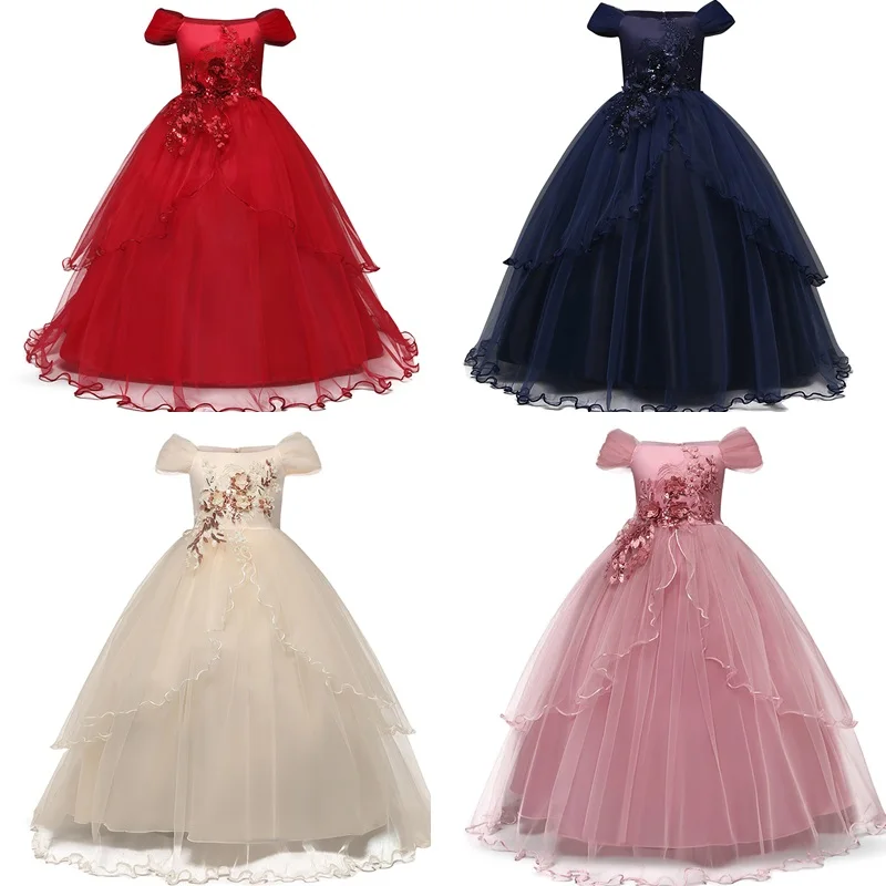 Birthday Party Wedding Guest Dress For Girl Flower Bow Sweet  Dress For Children Clothing Cute Princess Dress For Kids 6-14 Yrs