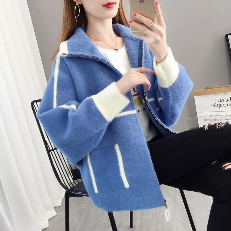 

Autumn Winter New Women Short Jacket Imitate Mink Fleece Cardigan Sweater Female Korean Zipper Loose Knitted Coat Female B