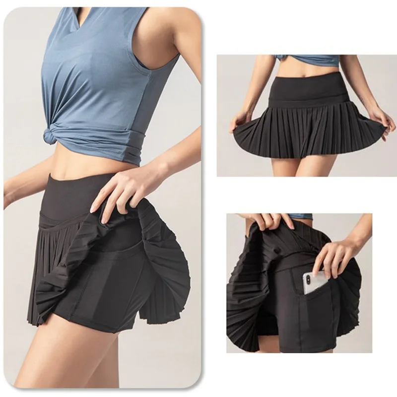 Tennis Skirts Women Golf Pleated Pantskirt Sports Fitness Shorts Pocket High Waist Yoga Running Shorts Skirt Gym Clothing