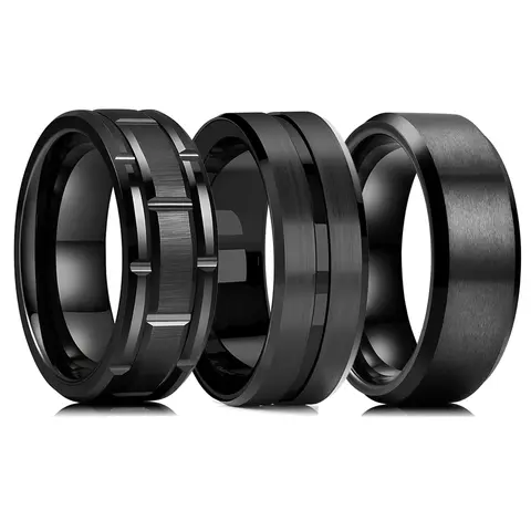 2023 Trendy Men's 8mm Black Titanium Wedding Band Rings Double Black Groove Beveled Edge Stainless Steel Engagement Ring For Men