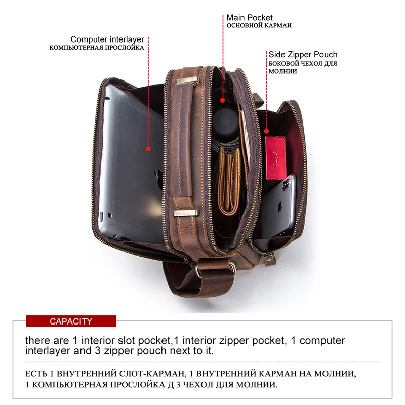 CONTACTS Genuine Crazy Horse Leather Vintage Men Crossbody Bag Zipper Messenger Bags For Men Luxury Male Handbag Shoulder Bag