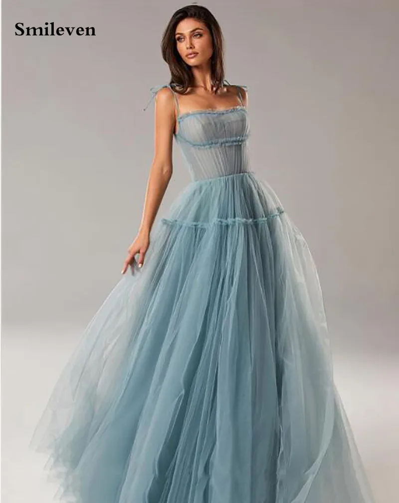 Smileven Blush Pink Spaghetti Strap Longo Prom Dresses Floor Length A-Line Party Dresses Puffy Tulle Elegant Formal Gown