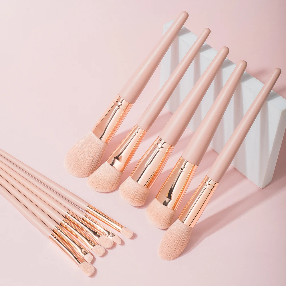 Shinedo 11 pcs synthethic hair makeup brushes set cosmetic powder eyeshadow foundation kabuki blush blending  with pink handle