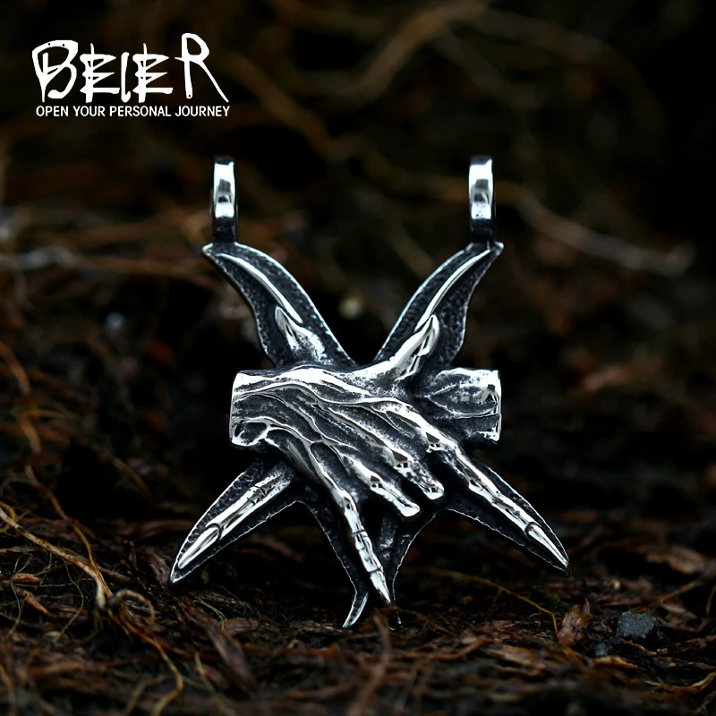 BEIER Stainless steel punk rock accessories fashion hip hop skull victory Entertaining to death gesture necklace pendant BP8-344