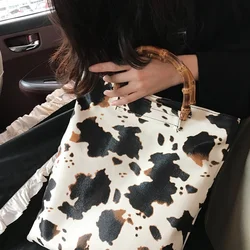 Women Fashion Trend Retro Design Cow Pattern Natural Bamboo Handle Handbag Large Capacity PU Female Bucket Bag Casual Tote Purse