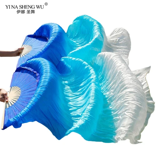 Imagen 2 del producto 100% seda/seda de imitación, 1 par (izquierda + derecha), danza del vientre abanico de hecho a mano de alta calidad, abanicos largos de bambú de 180x90cm, tres colores