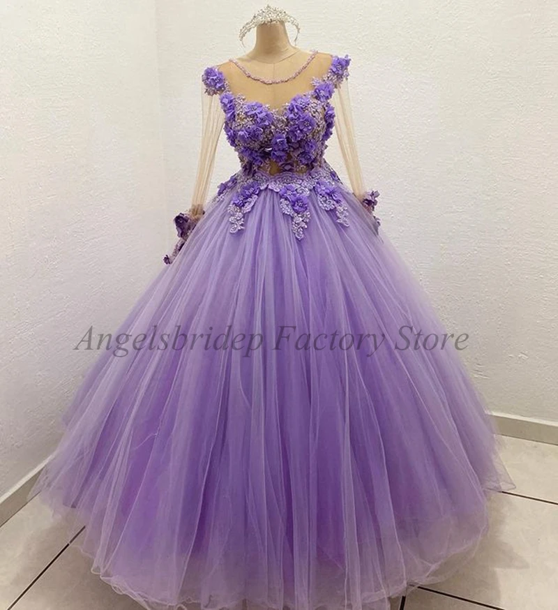 Angelsbridep Prinses Tule Baljurk Quinceanera Jurken Fashion Kralen 3D Bloemen Sweet 15 16 Prom Dress Mouwen Robe De Bal