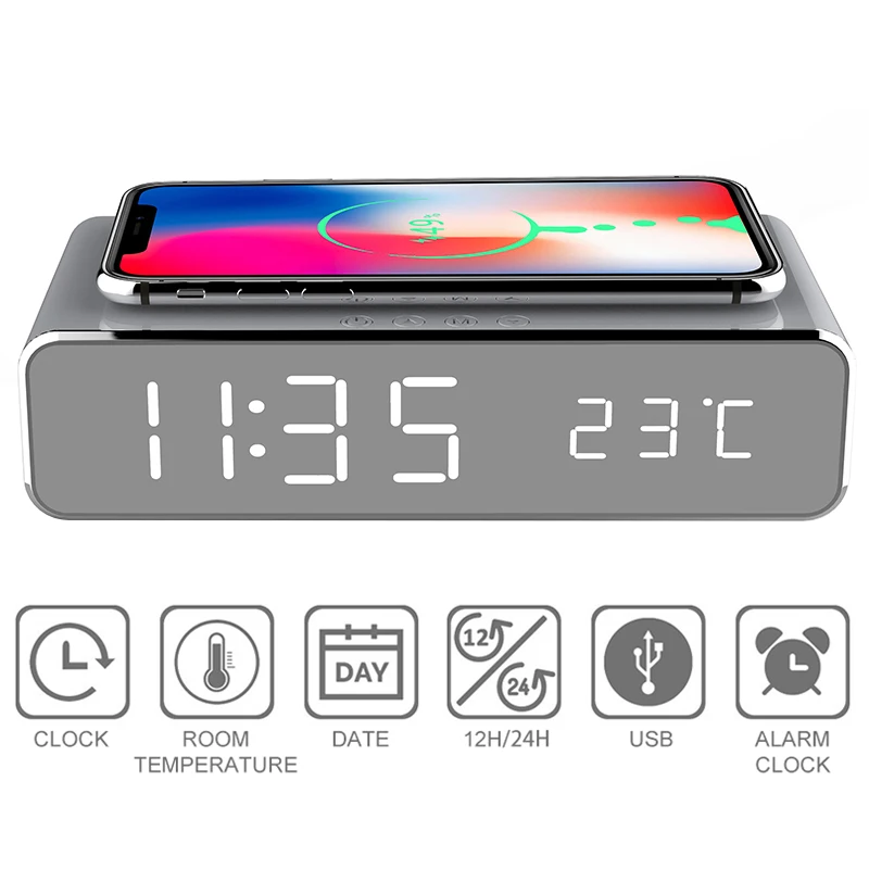 New Electric LED Alarm Clock With Mobile Phone Wireless Charger HD Clock Mirror With Time Memory Digital Thermometer Clock