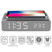 New Electric LED Alarm Clock With Mobile Phone Wireless Charger HD Clock Mirror With Time Memory Digital Thermometer Clock