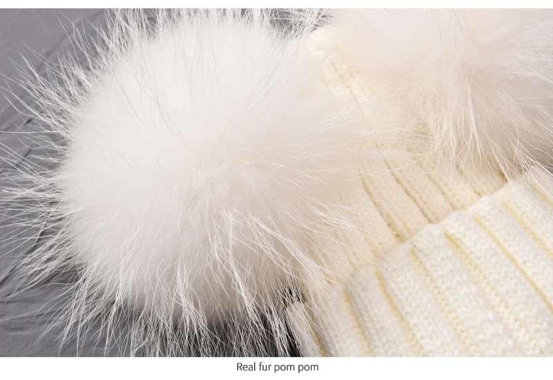 JX Watcher Winter Doppel Echtpelz Pom Pom Hut für Kinder Baby Strick mützen mit zwei Pelz Pompons Jungen Mädchen hochwertige Mütze Mütze – Detail 30