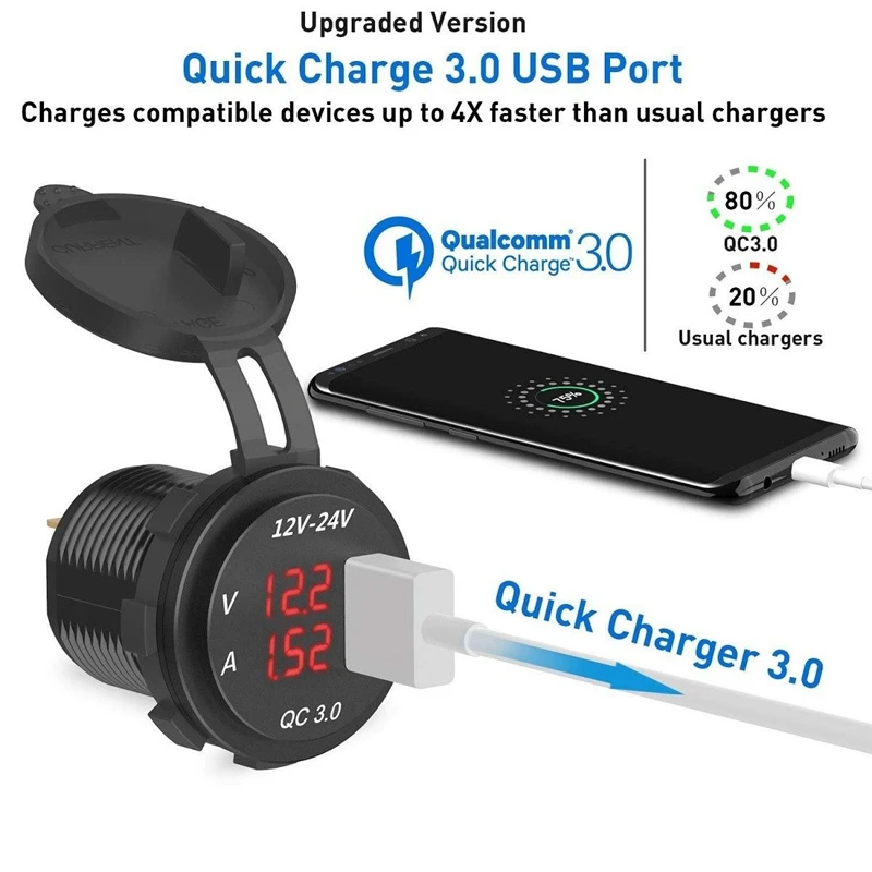 NEW-12V / 24V Fast Charging 3.0 Car Cigarette Lighter Socket Usb Charger Led Voltmeter Ammeter Black & Blue