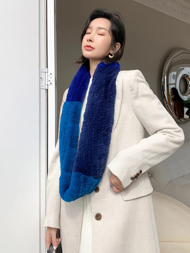 Women's Real Rex Rabbit Fur Winter Scarf Knitted Chunky Fashion Ladies Scarves Blue Wraps