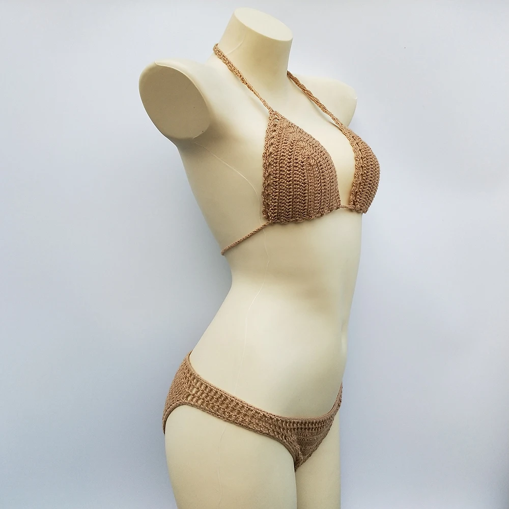 Conjunto de microbikini con almohadilla en el pecho para mujer, traje de baño Sexy de ganchillo, Bikini liso con espalda descubierta, traje de baño