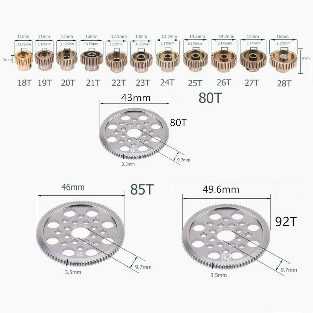 14Pcs 18T-92T Motor Gear Aluminum Alloy Cog Pinion Gear Set Replacement For 1/10 Sakura CS S XIS D4 RC Model Car DIY Parts