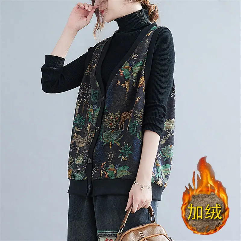 2021 Retro Print Plus Velvet Warm Vest Cardigan Jacket Women Large Size Casual Coat Sleeveless V-Neck Autumn Waistcoat Top M1286