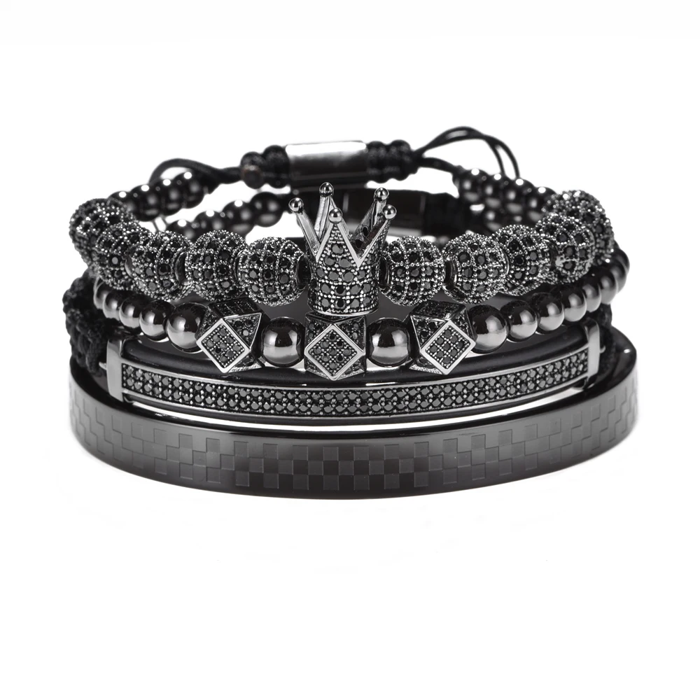 Hot Luxury Braided Adjustable Bracelet Men Male Beads Crown Black Cz Zircon Charm Stainless Steel Bracelet Men Jewelry