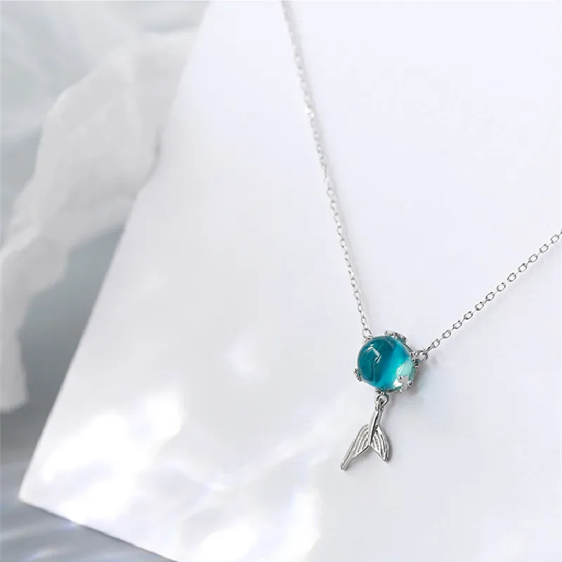 QMCOCO New Delicacy  Silver Color Chain Blue Crystal Fish Tail Pendant Necklace For Women Collares Clavicle Chain Birthday Gift