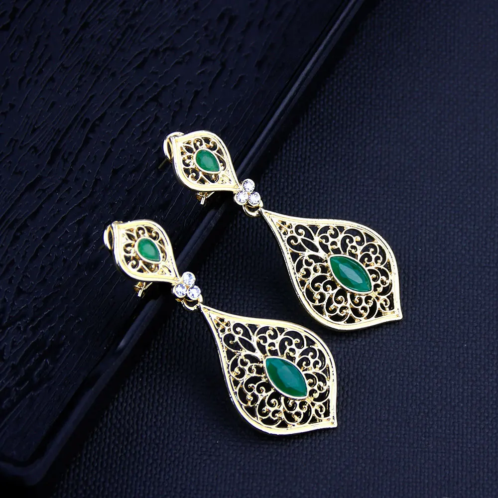 Sunspicems Gold Color Caftan Drop Earring for Women Red Green Stone Algerian Crystal Wedding Jewelry Arabic Bridal Gift