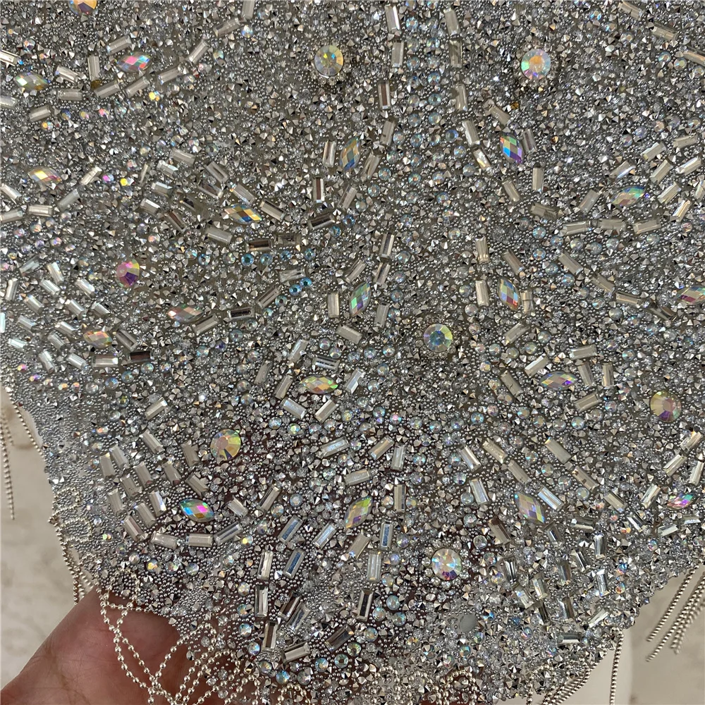 new Gold one side iron on wedding embroidered crystal rhinestone collar necklace appliques with fringe