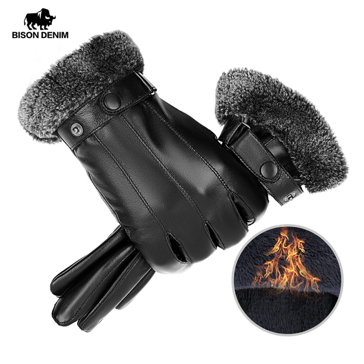 BISON DENIM Genuine Sheepskin Leather Gloves for Men Winter Warm Touchscreen Texting Cashmere Lined Driving Motorcycle Gloves