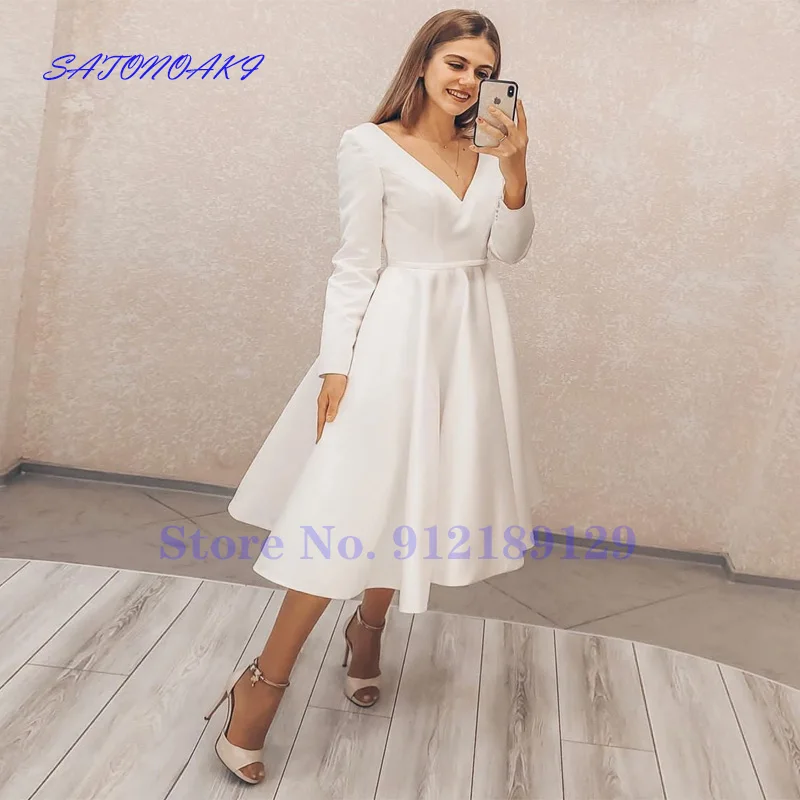 

New Simple Satin Wedding Dress Tea Length With Long Sleeve V-Neck Bridal Gown Robe De Mariée Vestido Novia Sukienka Online Shop